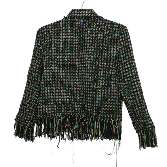 Black Multicolor Fringe Tweed Jacket Women Size M Long Sleeve Collared Work - Picture 4 of 10